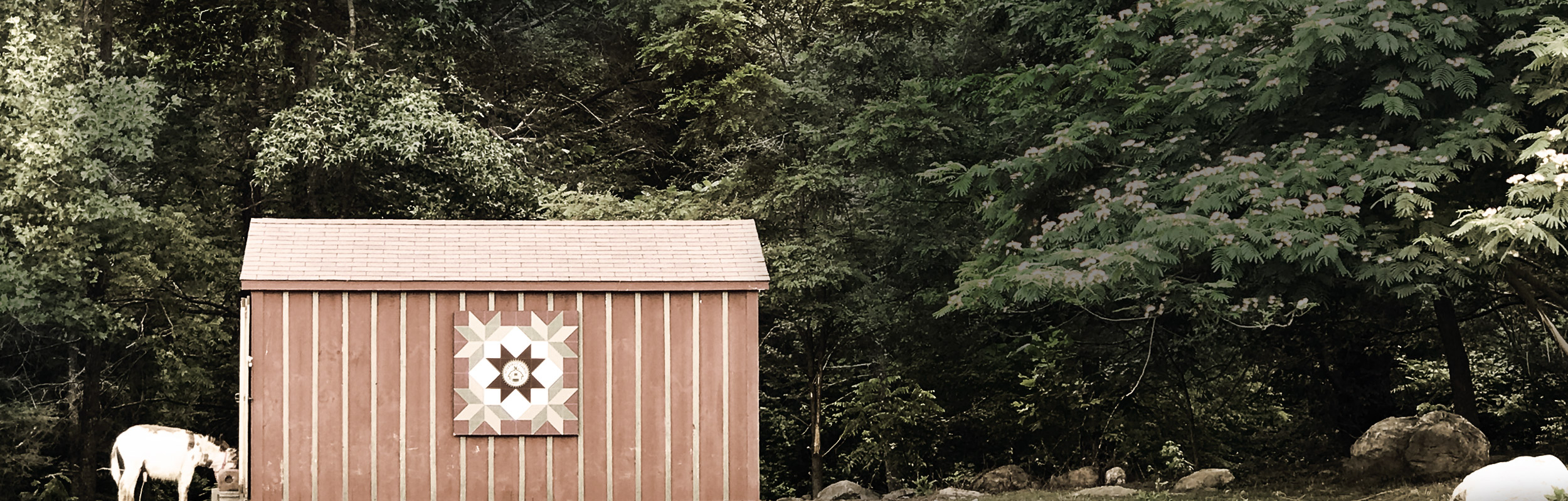 Red wooden shed with a decorative quilt-pattern panel, surrounded by dense green trees, small light-colored animal visible near the entrance